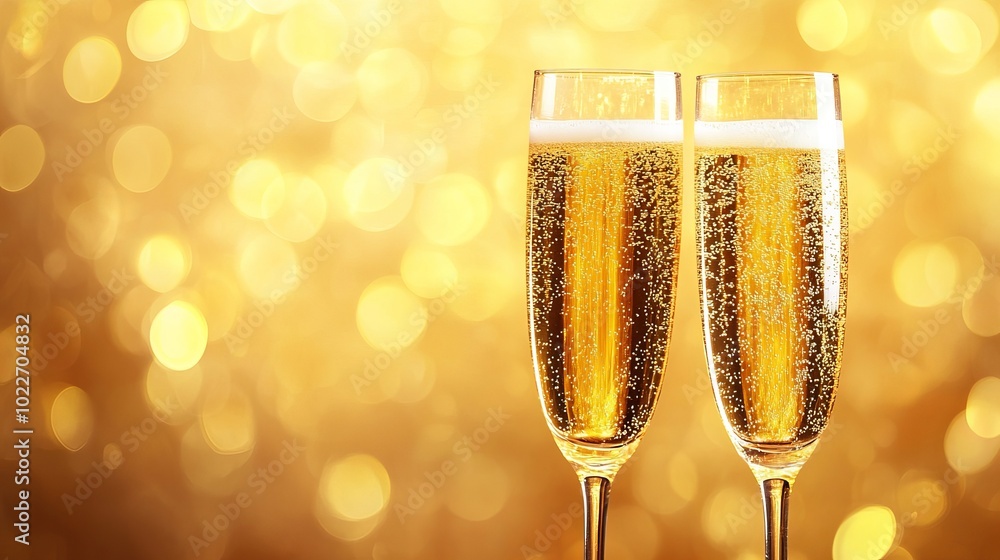 Elegant Champagne Flutes Set Against a Glittering Golden Sparkle Background for New Year Celebration Elegant Champagne Flutes Set Against a Glittering Golden Sparkle Background for New Year Celebration