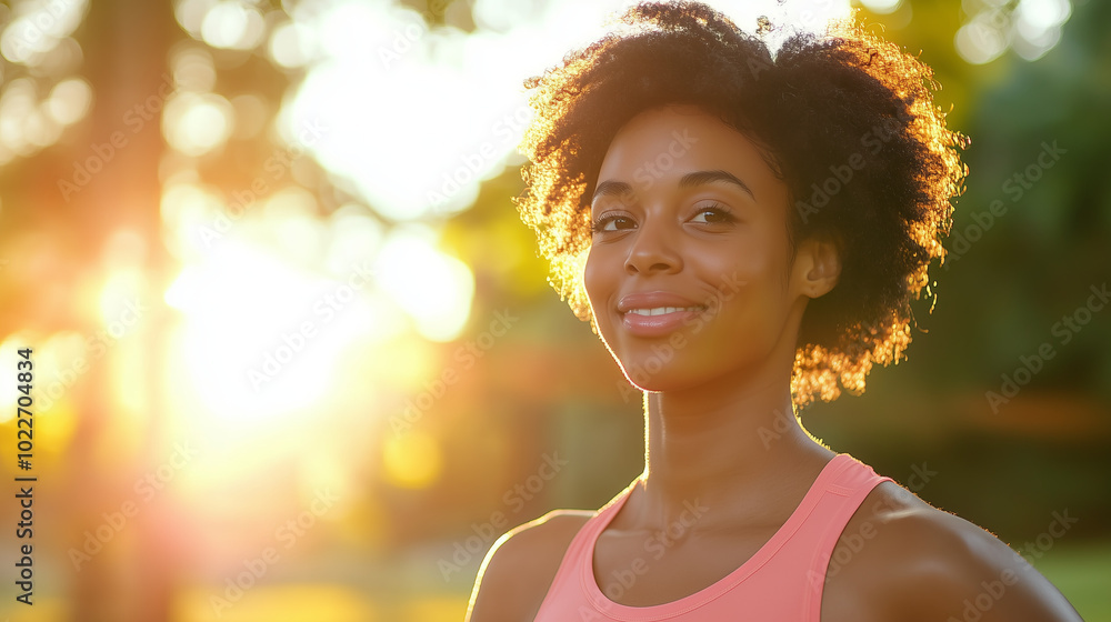 Smiling woman with curly hair in a pink tank top stands in the sun. Smiling woman with curly hair in a pink tank top stands in the sun.