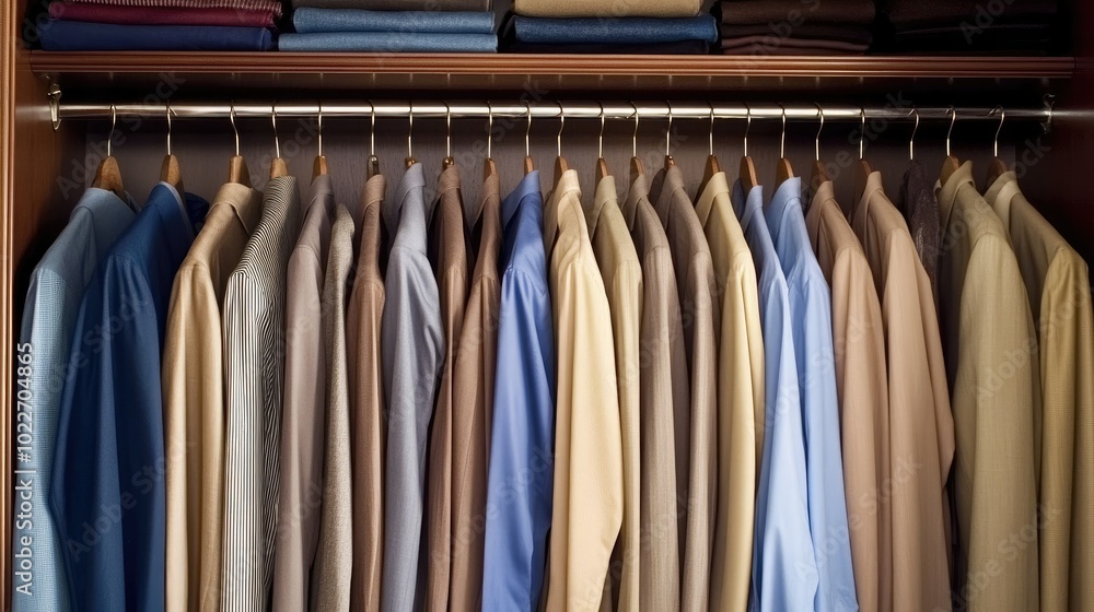 Closet full of neatly hung jackets and shirts, no people, with clear copy space available Closet full of neatly hung jackets and shirts, no people, with clear copy space available