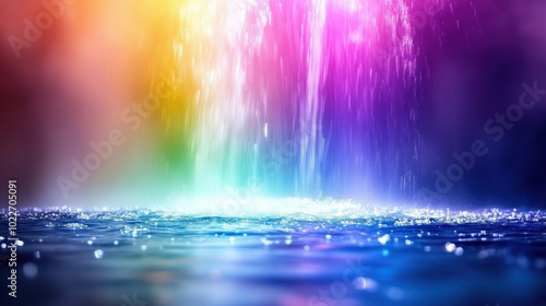 Vibrant water splashes create mesmerizing rainbow effect, illuminating surface with sparkling reflections. colorful display evokes sense of joy and tranquility