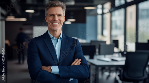 Confident businessman in a blue suit with arms crossed, smiling in a modern office.