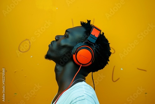 Man with Headphones Listening to Music Against a Yellow Wall