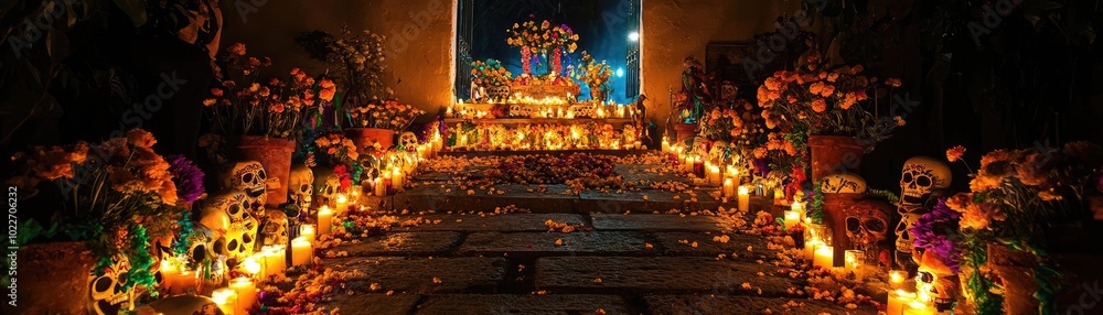 A vibrant altar adorned with candles, flowers, and decorative skulls, capturing the essence of a traditional celebration at night. A vibrant altar adorned with candles, flowers, and decorative skulls, capturing the essence of a traditional celebration at night.
