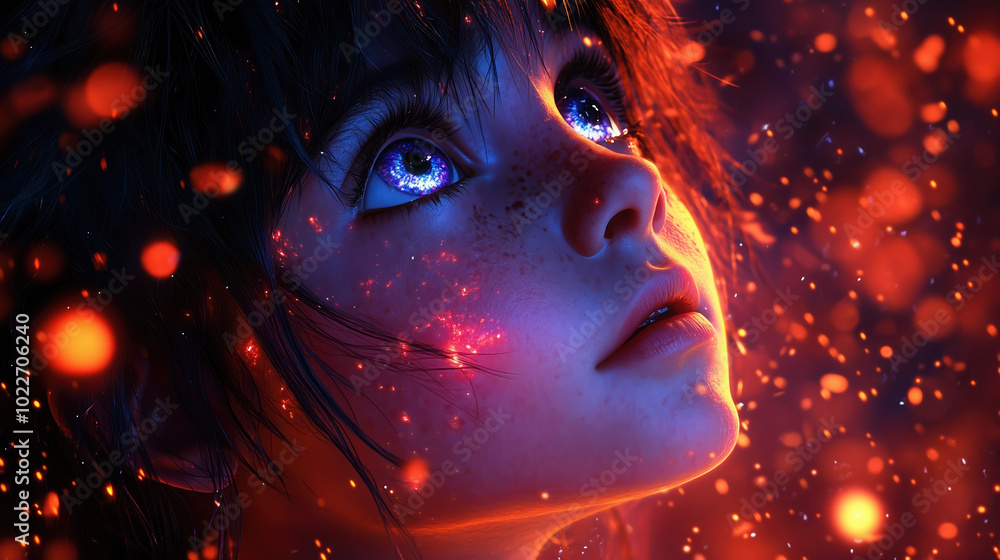 captivating digital portrait of young girl with sparkling blue eyes, surrounded by mesmerizing glow of orange and red particles. ethereal atmosphere evokes sense of wonder and magic captivating digital portrait of young girl with sparkling blue eyes, surrounded by mesmerizing glow of orange and red particles. ethereal atmosphere evokes sense of wonder and magic