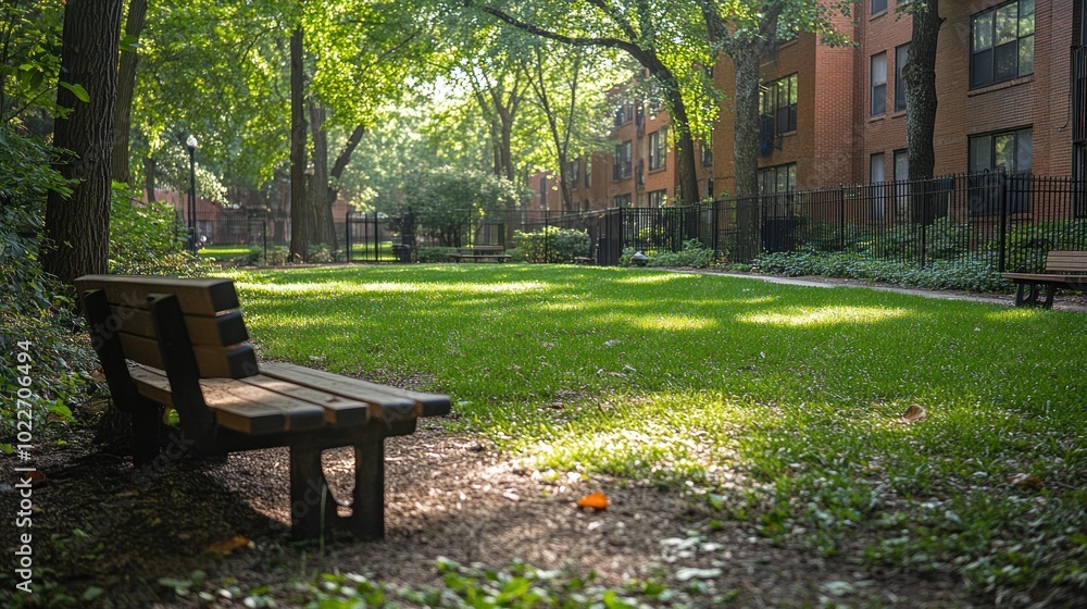 Serene park scene with a bench surrounded by lush greenery. Serene park scene with a bench surrounded by lush greenery.