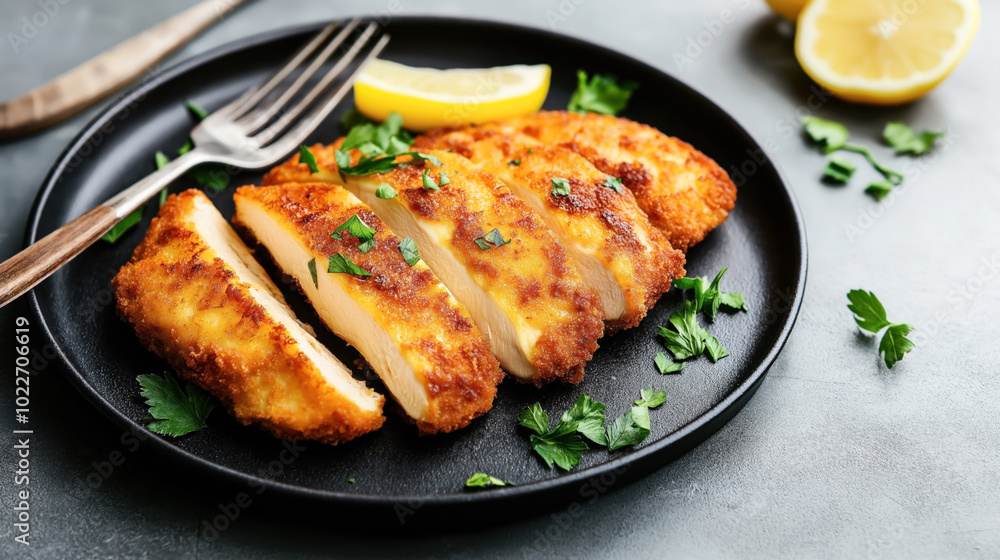 Crispy breaded chicken breast slices on a black plate garnished with fresh parsley and lemon wedges, with a fork placed beside the dish. Crispy breaded chicken breast slices on a black plate garnished with fresh parsley and lemon wedges, with a fork placed beside the dish.