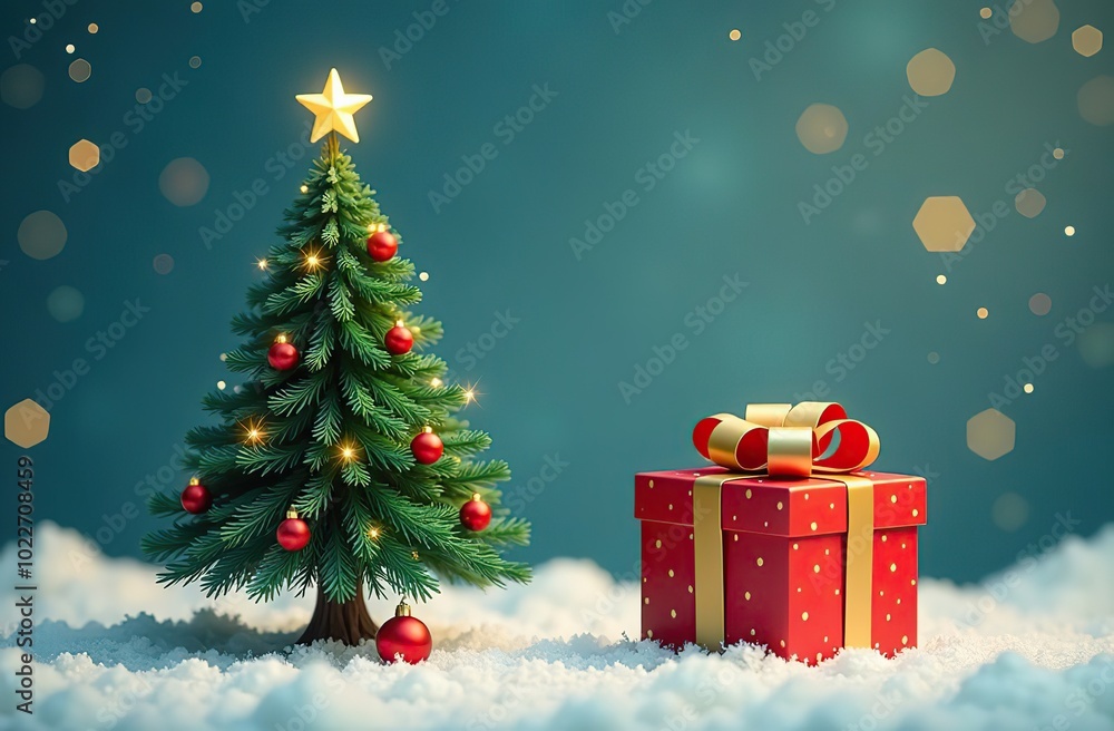 A Christmas tree with a star and a box with a bow on top of it A Christmas tree with a star and a box with a bow on top of it