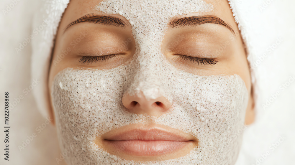 A serene woman enjoying a facial treatment with exfoliating mask, promoting relaxation and self-care, set against a neutral background. A serene woman enjoying a facial treatment with exfoliating mask, promoting relaxation and self-care, set against a neutral background.