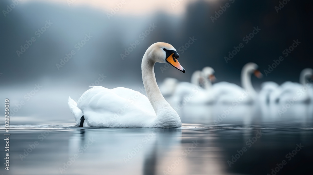 A graceful swan swimming on a serene lake with a flock of swans in the background, captured during a misty dawn or dusk. A graceful swan swimming on a serene lake with a flock of swans in the background, captured during a misty dawn or dusk.