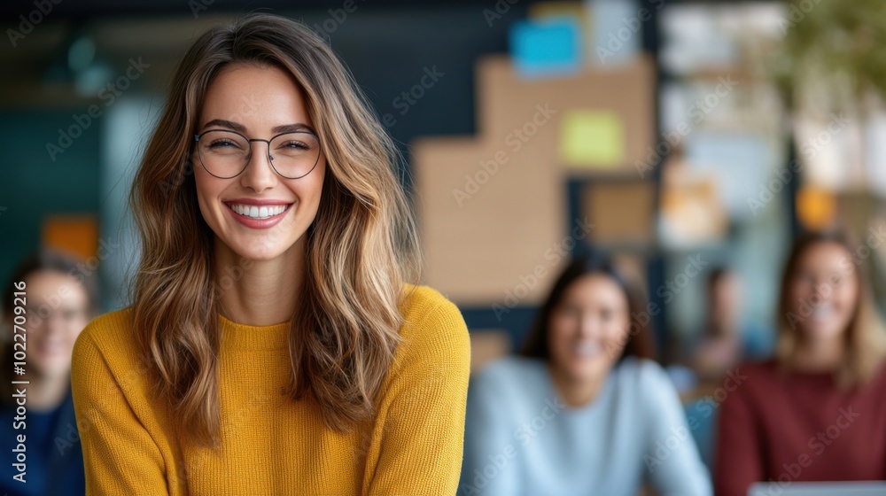 Smiling Woman in Professional Setting with Colleagues Smiling Woman in Professional Setting with Colleagues