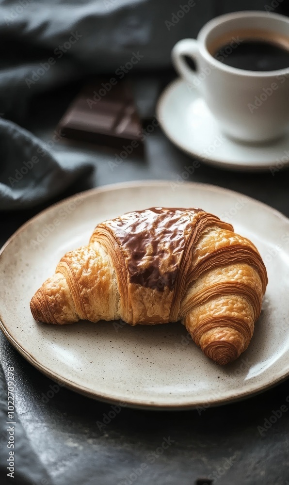 Chocolate-topped croissant on a plate. Chocolate-topped croissant on a plate.