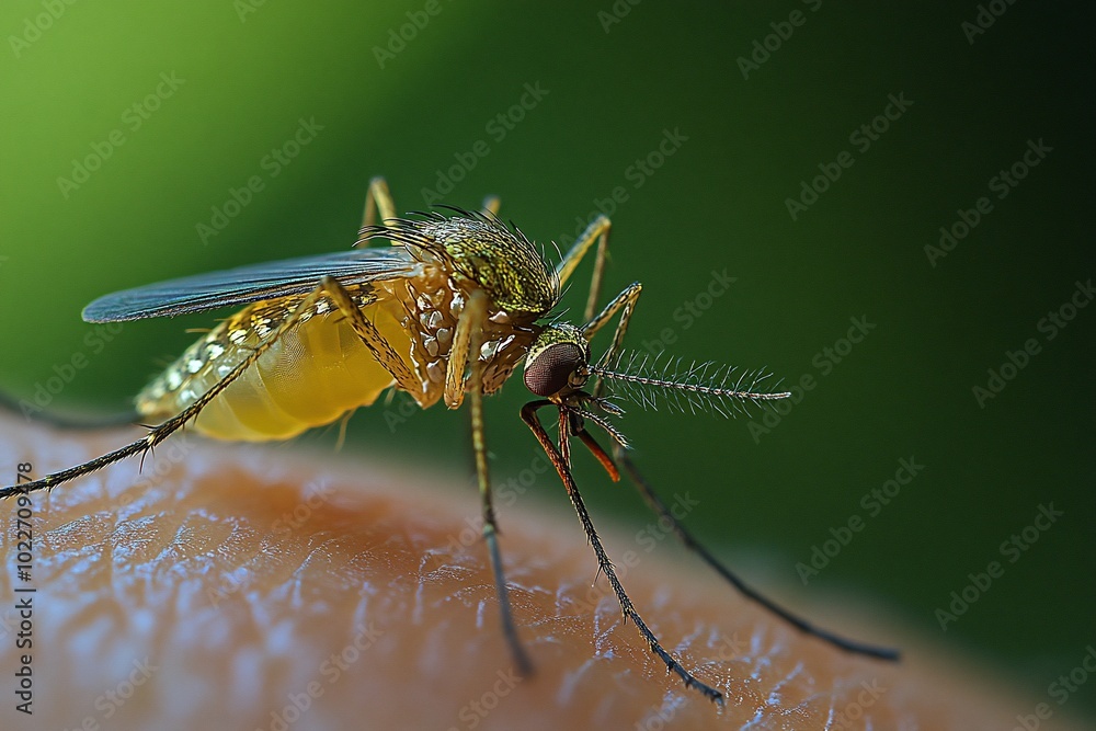 A close-up shot of a mosquito biting a person's skin. A close-up shot of a mosquito biting a person's skin.