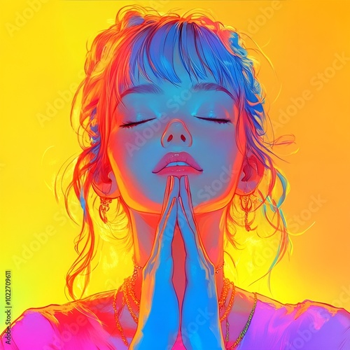 Vibrant Prayer Portrait - Meditative Woman with Neon Colors and Calm Expression photo