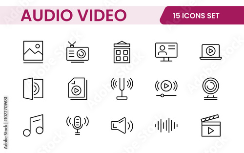 Audio Video Icons Pack. Thin line icons set. Flat icon collection set. Simple outline icons.