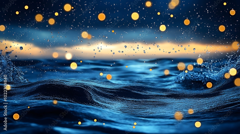 Fototapeta premium A photo of a dark blue ocean with multiple lights on the water and an abundance of bubbles in the atmosphere