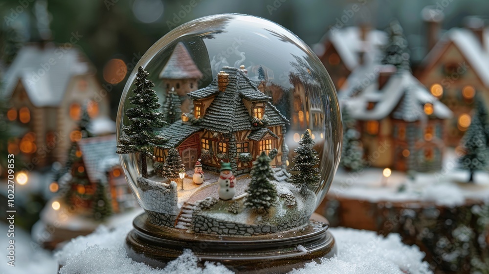Whimsical winter wonderland captured in a snow globe filled with charming houses and joyous snowman. Generative AI Whimsical winter wonderland captured in a snow globe filled with charming houses and joyous snowman. Generative AI