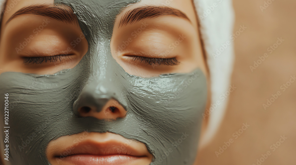 A woman applying a green facial mask, showcasing self-care and relaxation, with closed eyes and a serene expression, representing beauty and skincare routines. A woman applying a green facial mask, showcasing self-care and relaxation, with closed eyes and a serene expression, representing beauty and skincare routines.