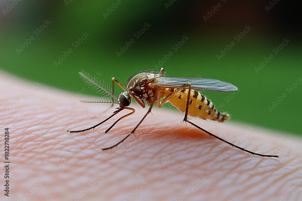 A close-up of a mosquito on human skin, taking a blood meal. A close-up of a mosquito on human skin, taking a blood meal.