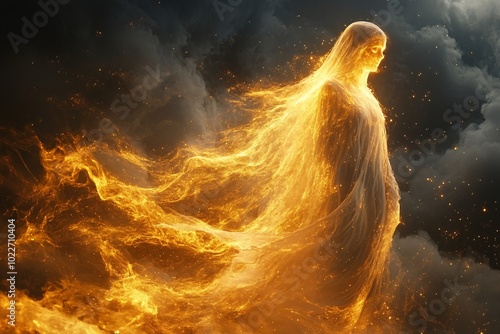 Mystical Figure Embraced by Golden Particles
