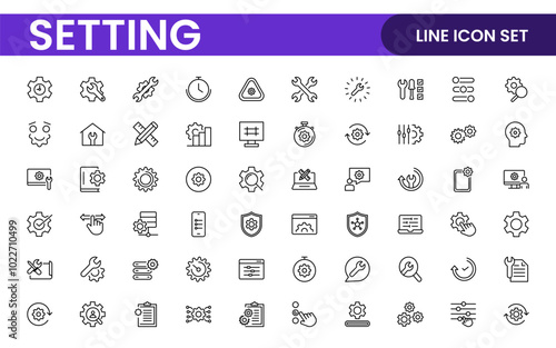 Settings, icon set. Containing options, configuration, preferences, adjustments, operation, gear, control panel, equalizer, management, optimization and productivity icons.