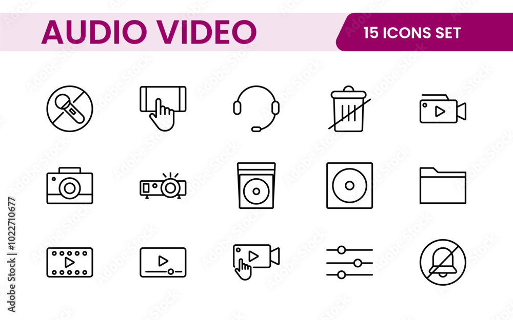 Audio Video Icons Pack. Thin line icons set. Flat icon collection set. Simple outline icons. Audio Video Icons Pack. Thin line icons set. Flat icon collection set. Simple outline icons.