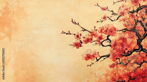 Vibrant Cherry Blossoms Against Vintage Peach Background