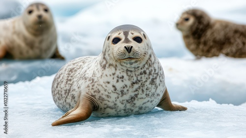 A curious seal rests on the icy surface, showcasing its unique markings and playful demeanor in a serene arctic environment.