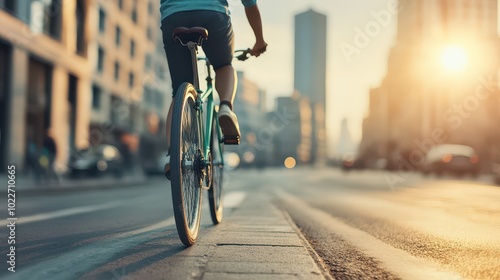 A cyclist rides along an urban street at sunset, showcasing the vibrant blend of city life and outdoor adventure.