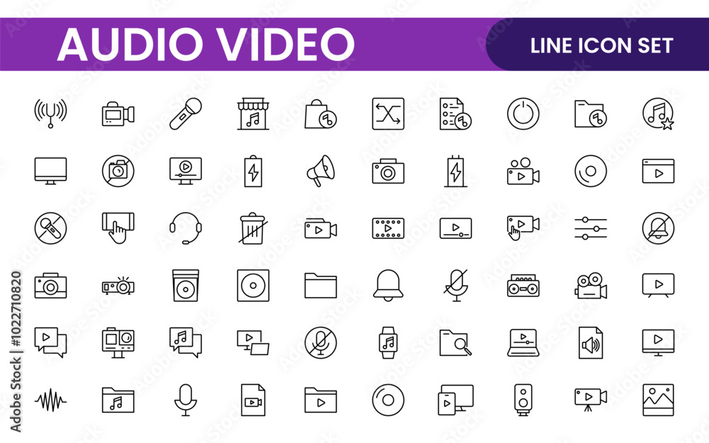 Audio Video Icons Pack. Thin line icons set. Flat icon collection set. Simple outline icons. Audio Video Icons Pack. Thin line icons set. Flat icon collection set. Simple outline icons.