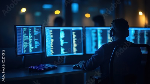 A focused individual working late at night with multiple computer screens displaying code in a dark, high-tech environment.