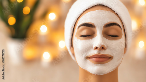 A woman with a facial mask enjoying a spa treatment, relaxing with closed eyes. Soft glowing candles in the background create a serene atmosphere.