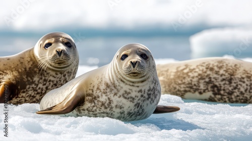 A group of seals resting on ice, showcasing their unique features and natural habitat in a serene environment.