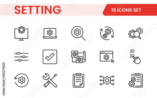 Settings, icon set. Containing options, configuration, preferences, adjustments, operation, gear, control panel, equalizer, management, optimization and productivity icons.