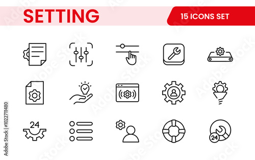 Settings, icon set. Containing options, configuration, preferences, adjustments, operation, gear, control panel, equalizer, management, optimization and productivity icons.