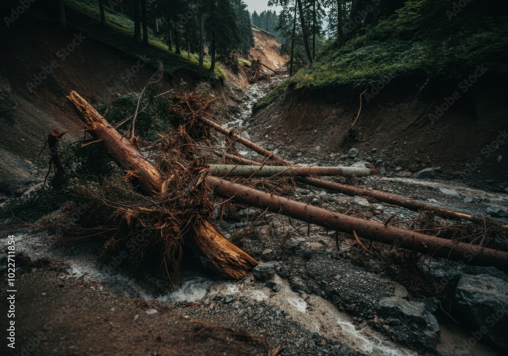Fototapeta premium Forest landslide with fallen trees and eroded riverbed in a dense woodland
