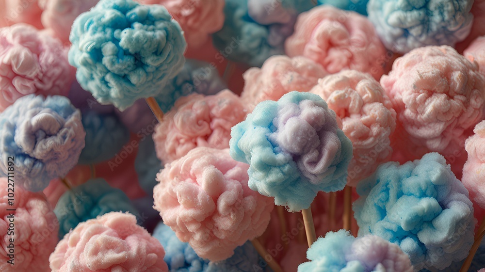 Obraz premium dreamy swirls of pastel cotton candy on sticks their soft pink and blue hues blending together against a light airy background evoking a sense of nostalgia and sweetness.