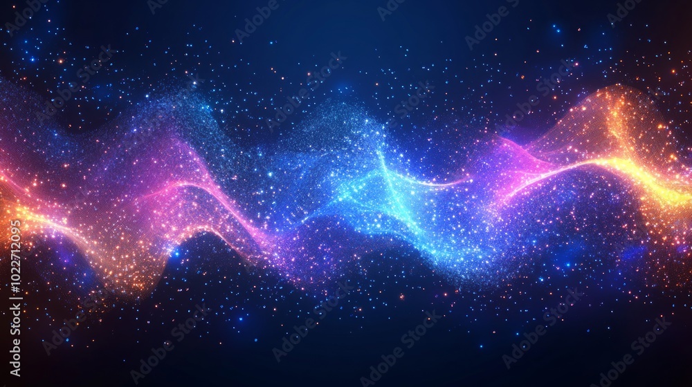 Abstract glowing wavy lines with sparkling particles on a dark blue background. Abstract glowing wavy lines with sparkling particles on a dark blue background.