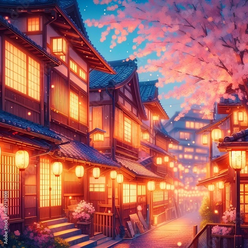 dreamy tokyo streetscape at dusk warm glowing lanterns illuminating traditional wooden houses cherry blossoms swaying gently animeinspired color palette and art style.