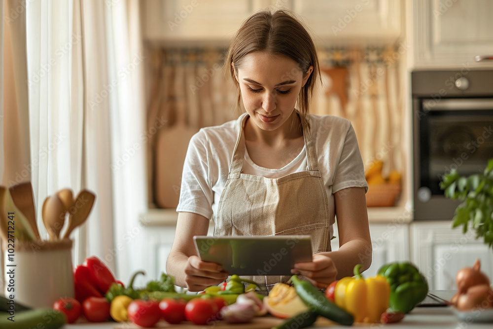 Happy millennial young woman cooking dinner in home kitchen, using tablet computer at table with vegetables, dish, reading online recipe, watching organic food blog Happy millennial young woman cooking dinner in home kitchen, using tablet computer at table with vegetables, dish, reading online recipe, watching organic food blog