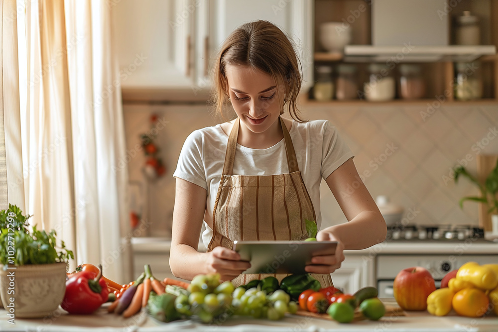 Happy millennial young woman cooking dinner in home kitchen, using tablet computer at table with vegetables, dish, reading online recipe, watching organic food blog Happy millennial young woman cooking dinner in home kitchen, using tablet computer at table with vegetables, dish, reading online recipe, watching organic food blog