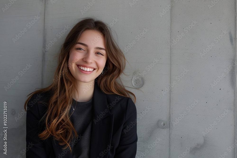 Happy young businesswoman smiling and posing confidently against a neutral grey wall background Happy young businesswoman smiling and posing confidently against a neutral grey wall background