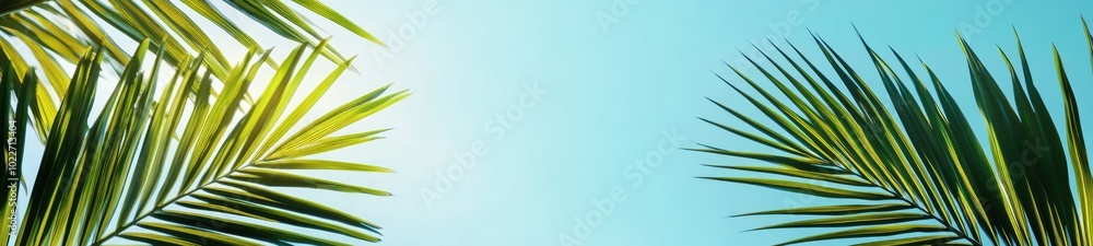 Tropical Palm Leaves Against Sunlight with Light Blue Background Tropical Palm Leaves Against Sunlight with Light Blue Background
