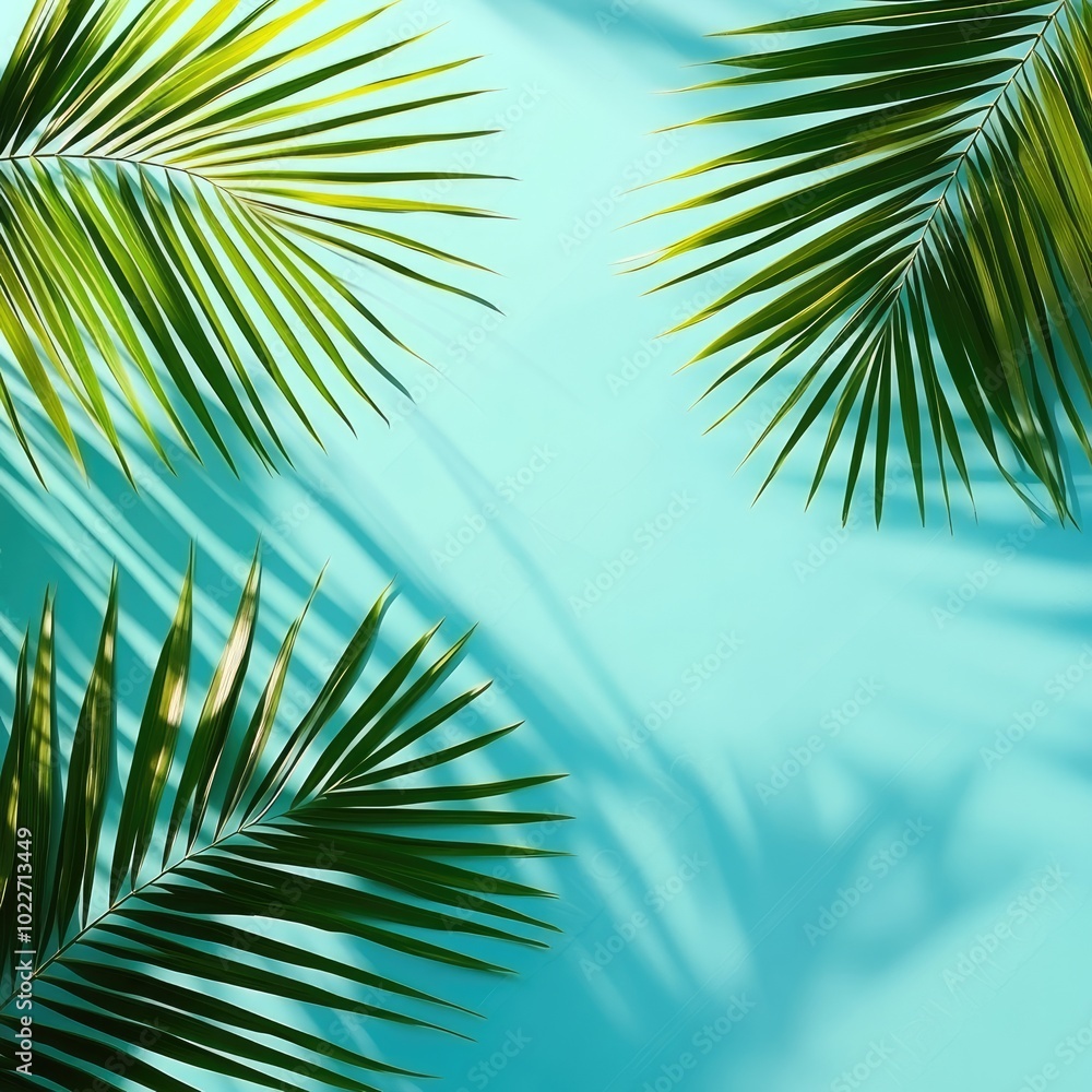 Tropical Palm Leaves Against Sunlight with Light Blue Background Tropical Palm Leaves Against Sunlight with Light Blue Background