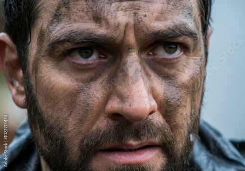 Intense expression of a determined man in gritty close-up portrait