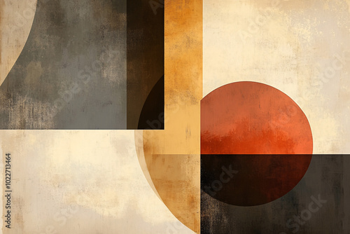 Geometric abstract art with circles and rectangles, featuring shades of brown, beige, red, and black on a textured background.  
