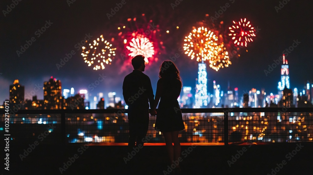 Romantic Couple Watching Fireworks from Rooftop View Romantic Couple Watching Fireworks from Rooftop View
