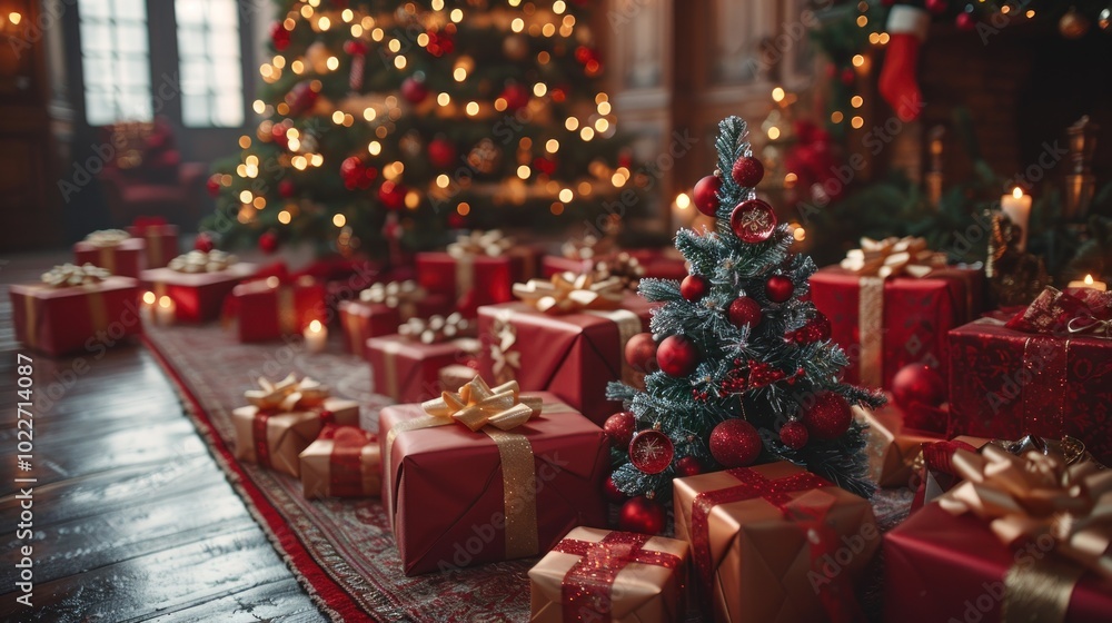 Festive holiday setting with beautifully wrapped gifts beneath a lavishly decorated Christmas tree. Generative AI Festive holiday setting with beautifully wrapped gifts beneath a lavishly decorated Christmas tree. Generative AI