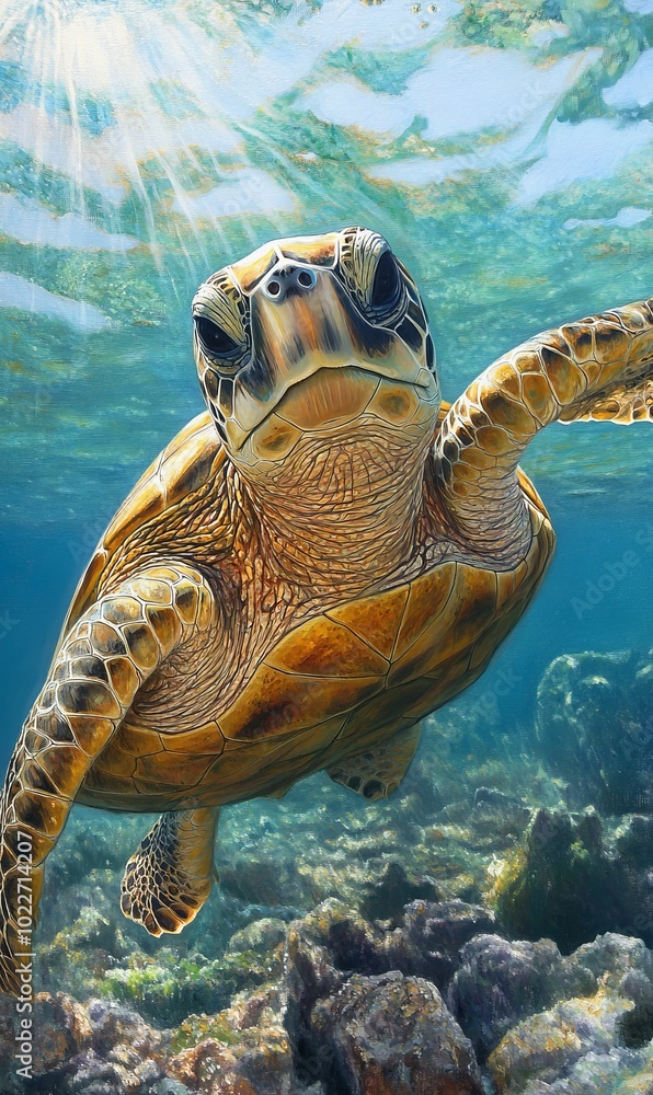 Obraz premium Sea turtle swimming over coral reef.