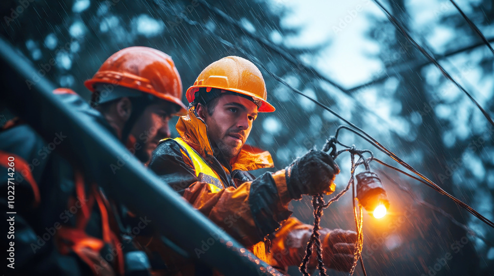 Fototapeta premium Team of electricians working outdoors in rainy conditions at dusk