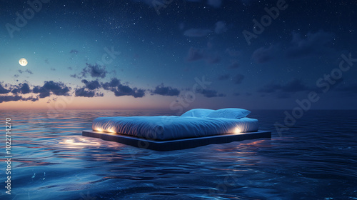 Surreal Floating Bed In The Ocean At Night
